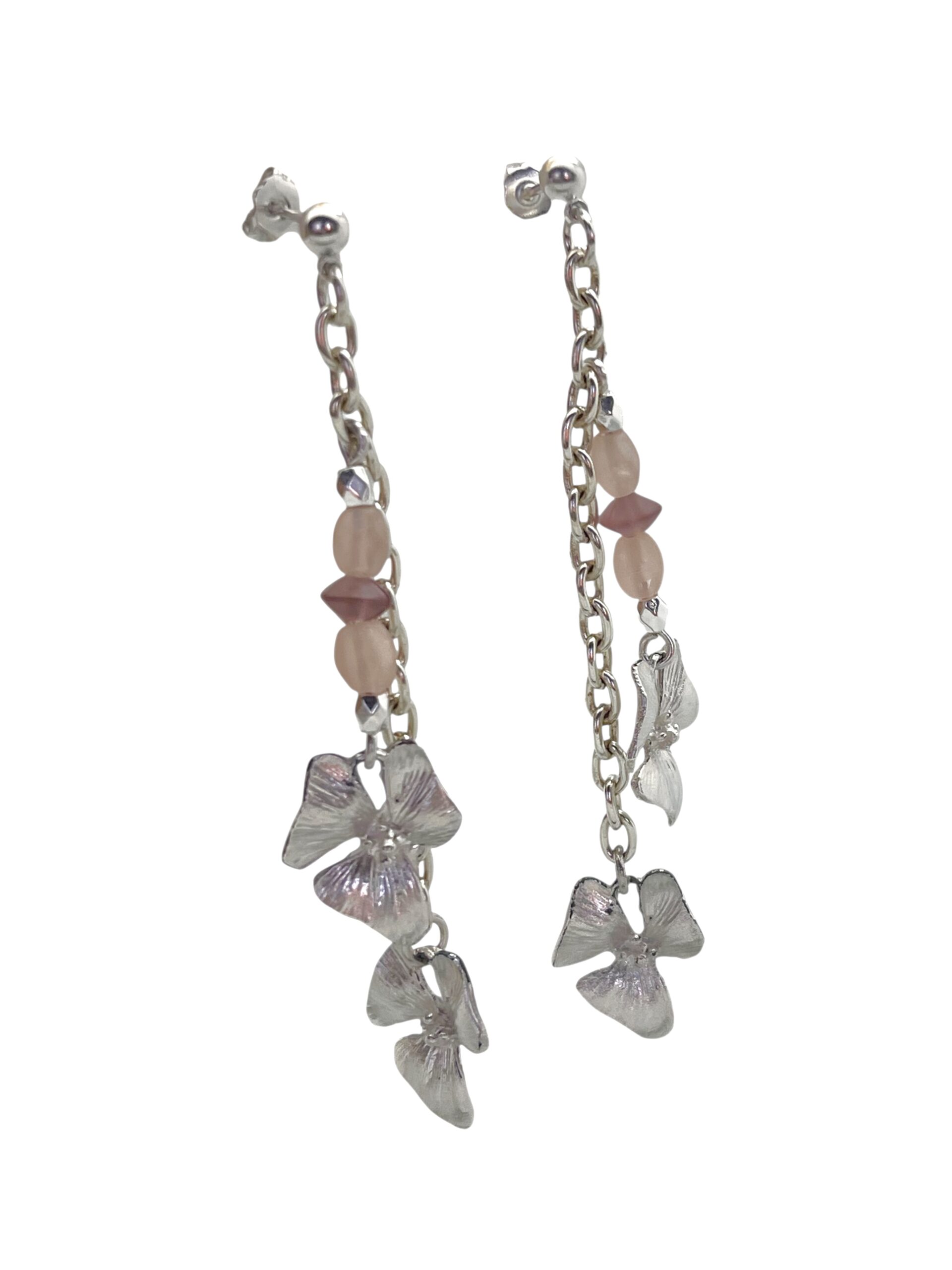 Pendiente doble flor Romantic plata 10µ caida rosa