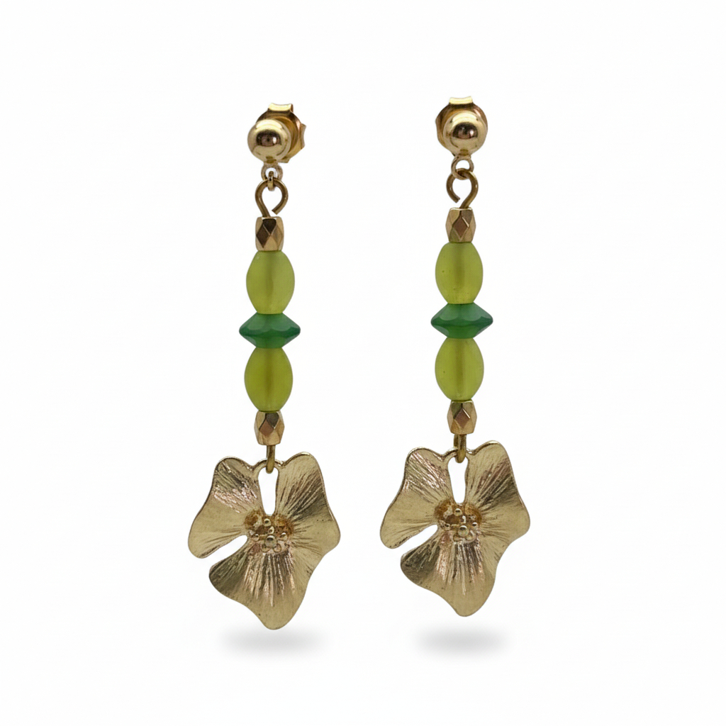 Pendiente Flor lineal Romantic dorado y verdes