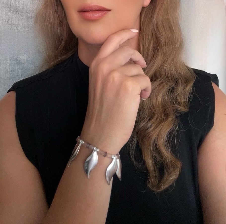 Pulsera elástica Hojas caidas plata 10µ y rosas - Imagen 2