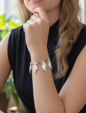 Pulsera elástica Hojas caidas plata 10µ y rosas