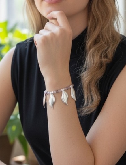 Pulsera elástica Hojas caidas plata 10µ y rosas