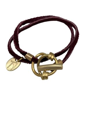 Pulsera Me Ato en piel burdeos doble vuelta chapado dorado
